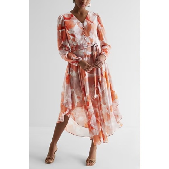 Express Dresses & Skirts - EXPRESS Printed Button‎ Front Tie Waist Midi Dress NWT Size M Peach Floral Print